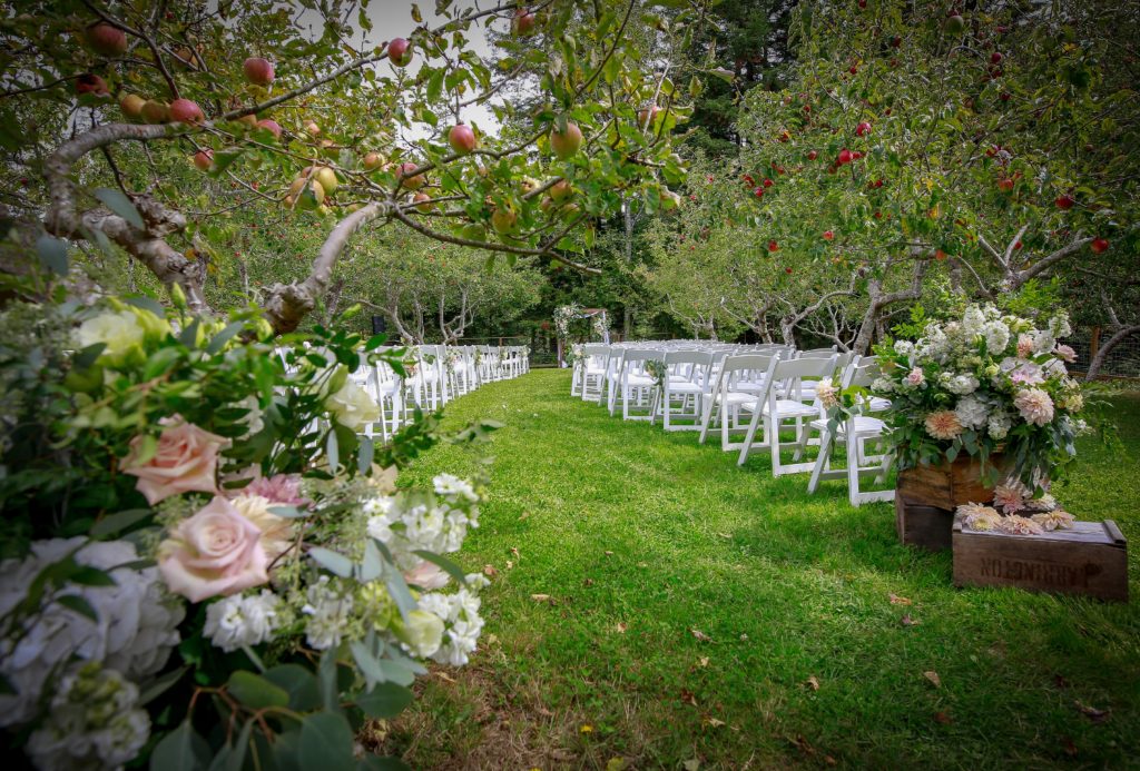 White chairs in an orchard and beautiful flower arrangements in front ...