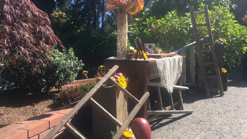 Antique wooden ladder styled with wedding décor at Mitchell Grove
