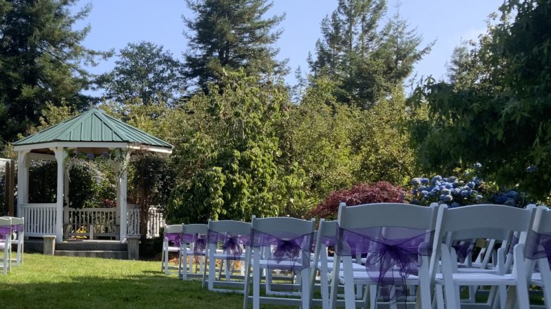 Chairs decorated with purple tulle fabric for a DIY garden wedding at Mitchell Grove.