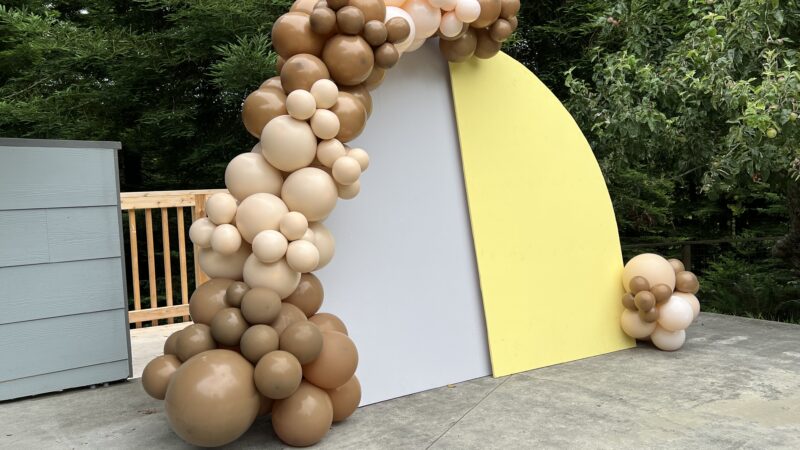 DIY photo booth with balloon arch created by family at rustic Northern California wedding