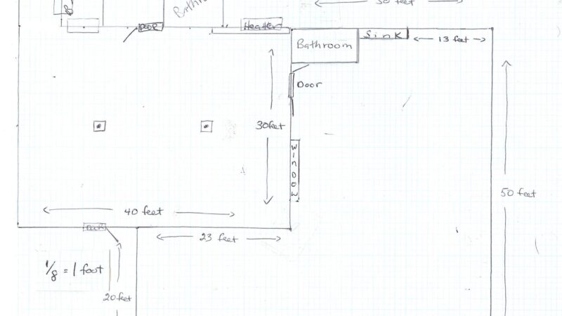 Hand-drawn schematic of the Mitchell Grove Hall and surrounding area, showing a to-scale layout for planning tables and chairs