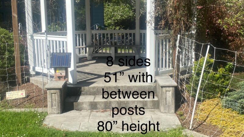 Front view of gazebo at Mitchell Grove in Humboldt County, Northern California, with measurement notes added on the photo for wedding planning.