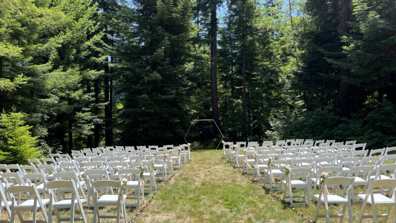 Rustic redwood wedding ceremony seating in the grove at Mitchell Grove, Humboldt County
