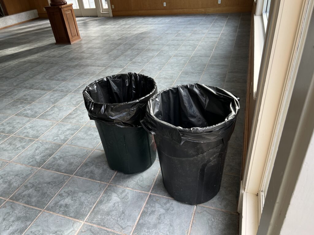 Trash cans standing tall, ready for wedding duty