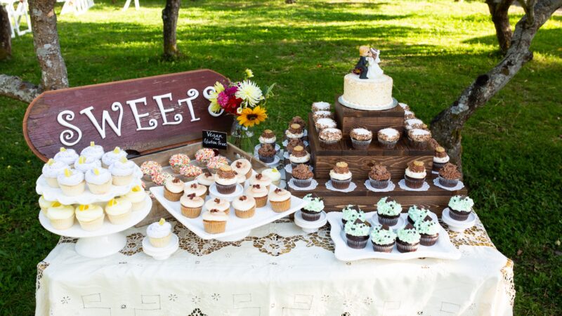 Dessert table with small wedding cake and cupcakes set up in the orchard at Mitchell Grove.