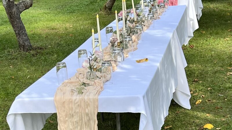 Family-set wedding table under October light at Mitchell Grove with LED flameless candles and fall décor.